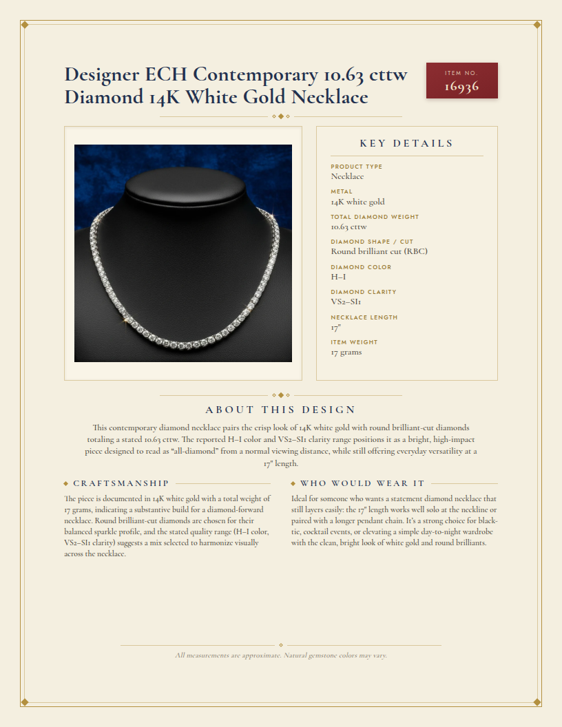 Designer ECH Contemporary 10.63 cttw Diamond 14K White Gold Necklace — anatomy card