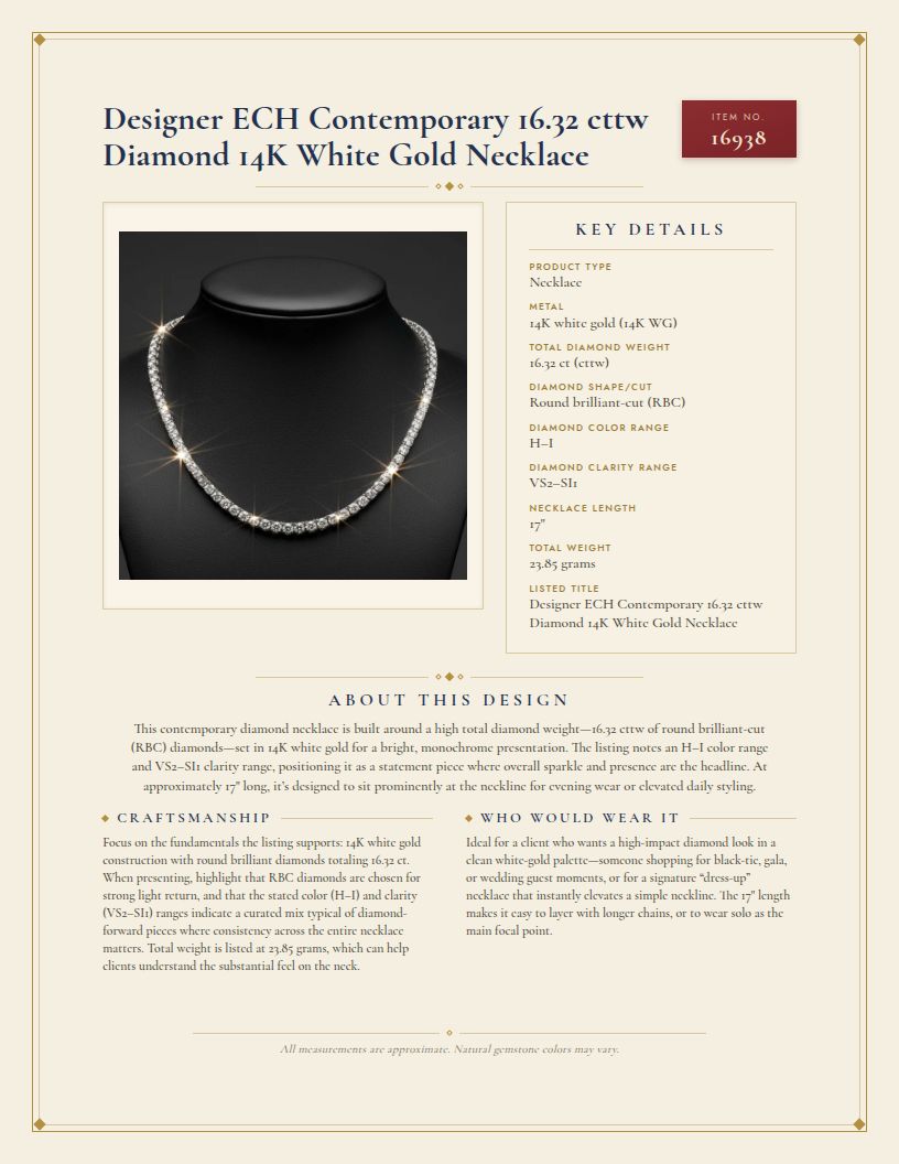 Designer ECH Contemporary 16.32 cttw Diamond 14K White Gold Necklace — anatomy card