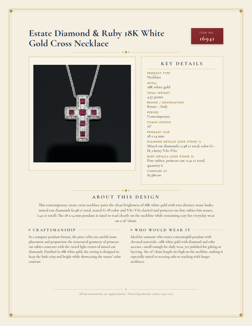 Estate Diamond & Ruby 18K White Gold Cross Necklace — anatomy card