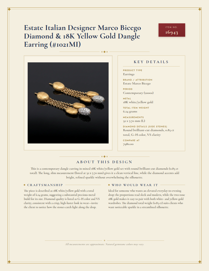 Estate Italian Designer Marco Bicego Diamond & 18K Yellow Gold Dangle Earring (#1021MI) — anatomy card