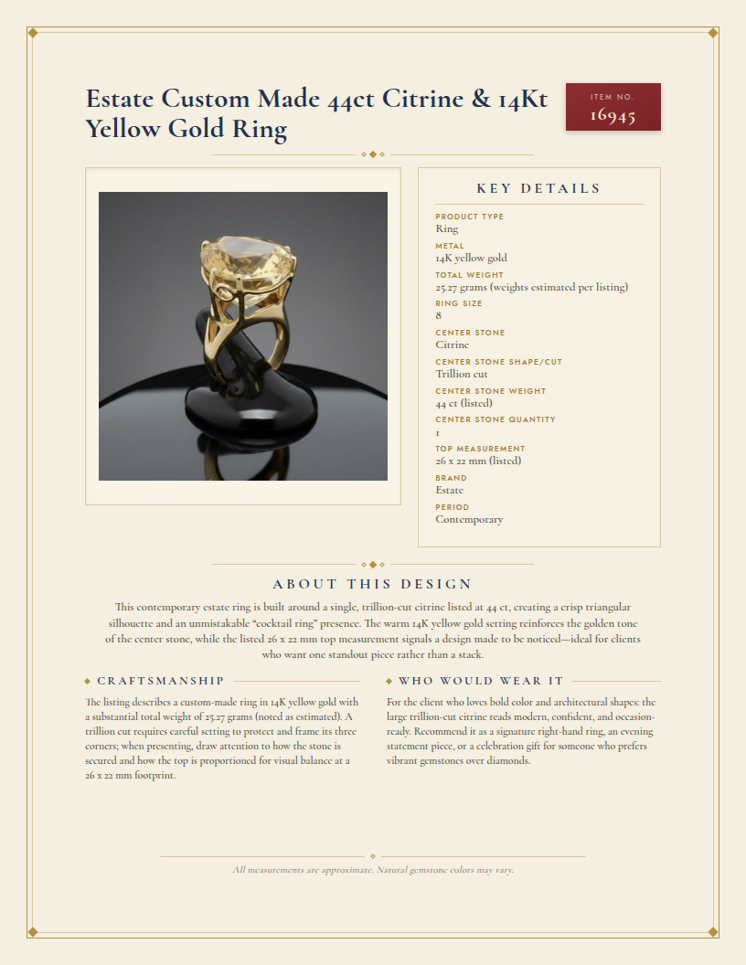 Estate Custom Made 44ct Citrine & 14Kt Yellow Gold Ring — anatomy card
