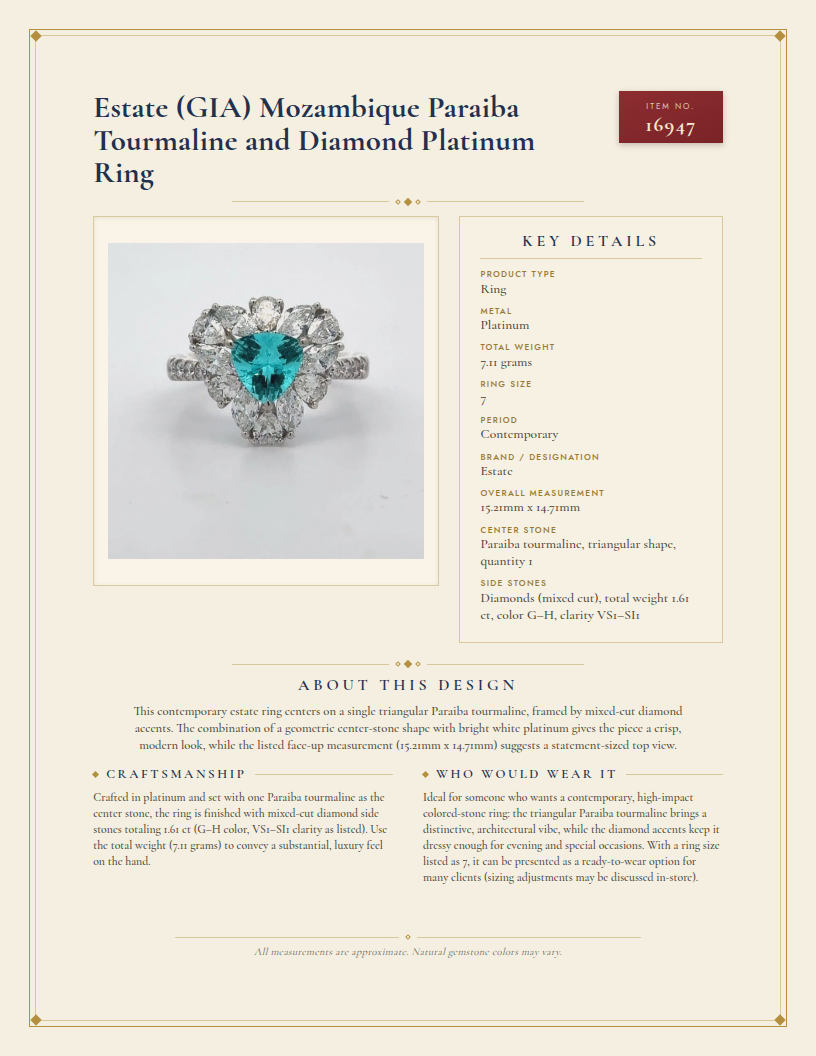 Estate (GIA) Mozambique Paraiba Tourmaline and Diamond Platinum Ring — anatomy card