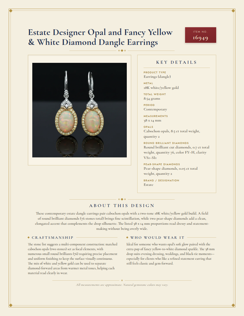 Estate Designer Opal and Fancy Yellow & White Diamond Dangle Earrings — anatomy card