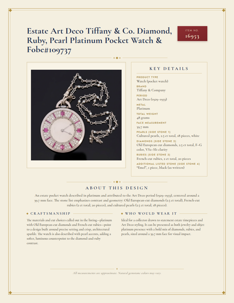 Estate Art Deco Tiffany & Co. Diamond, Ruby, Pearl Platinum Pocket Watch & Fobe#109737 — anatomy card