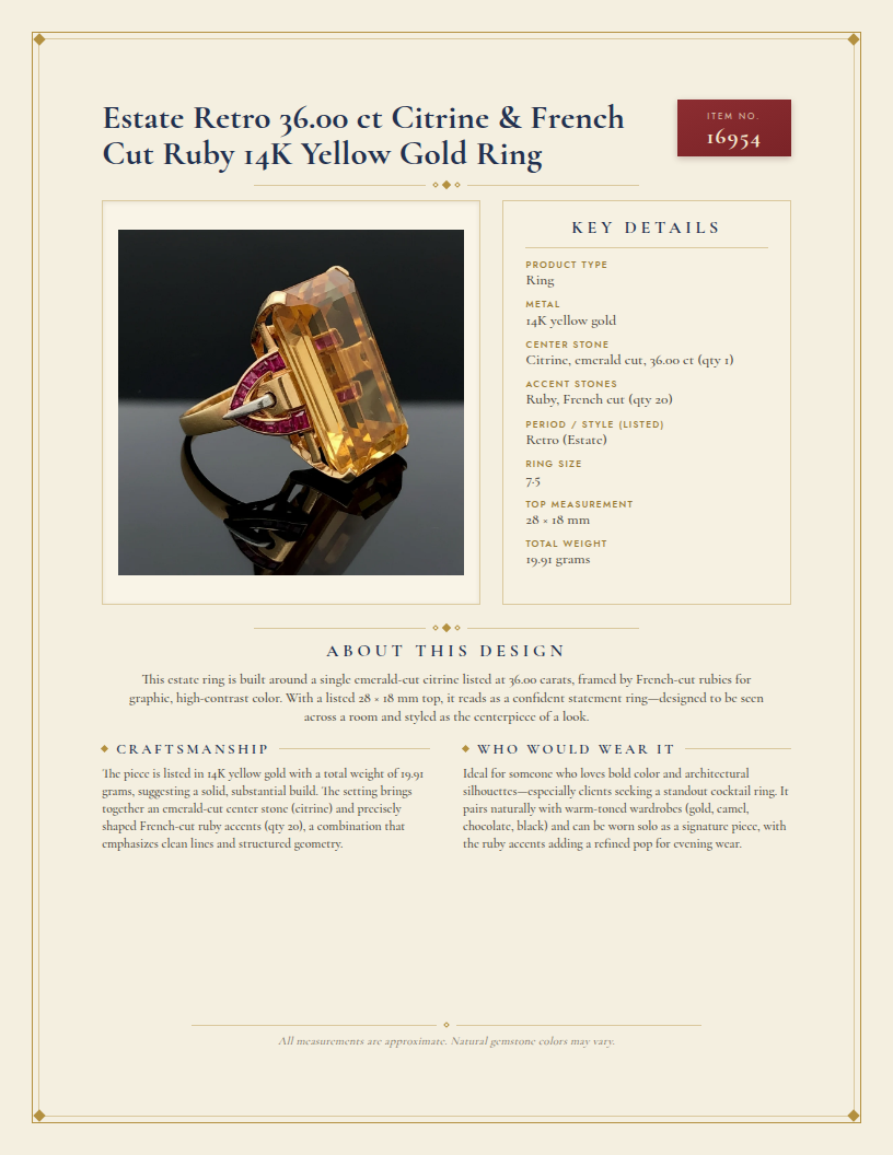 Estate Retro 36.00 ct Citrine & French Cut Ruby 14K Yellow Gold Ring — anatomy card