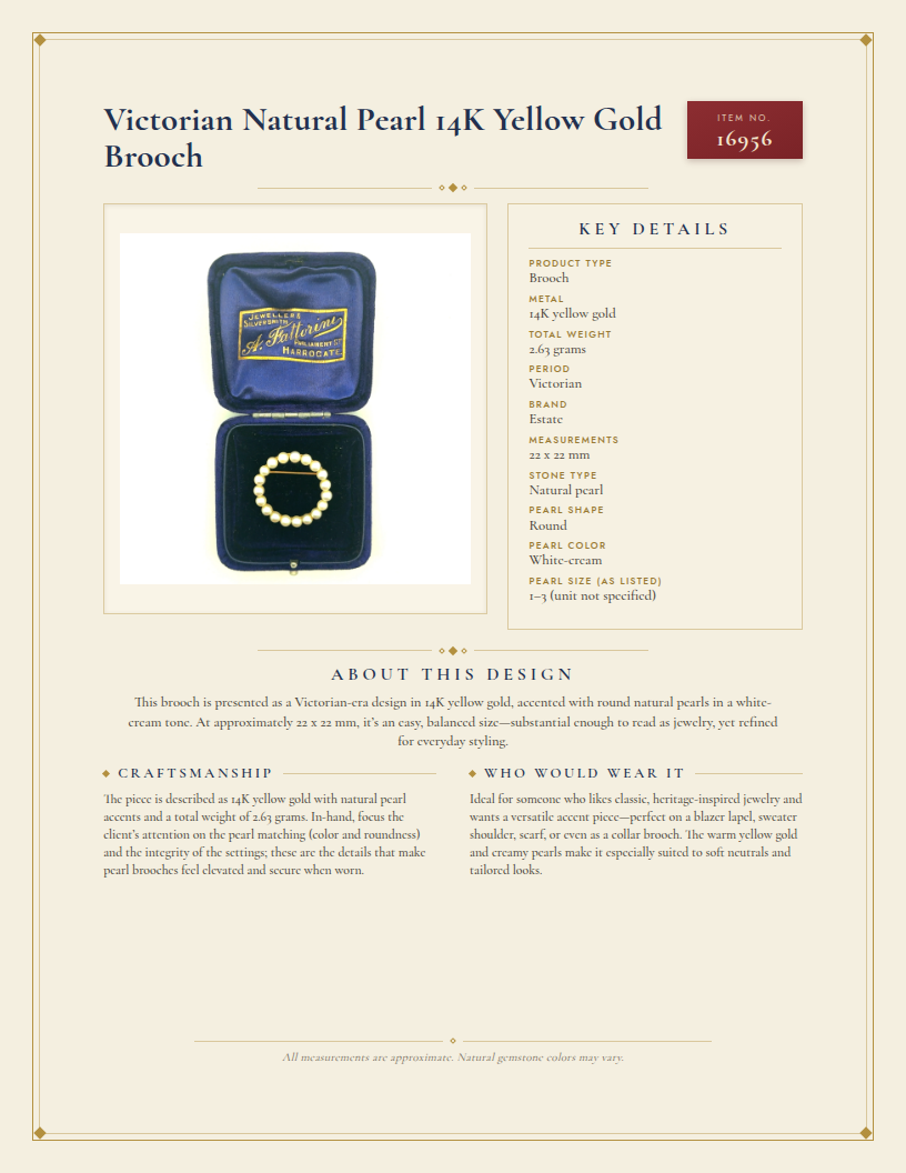 Victorian Natural Pearl 14K Yellow Gold Brooch — anatomy card