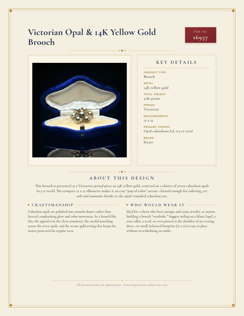Victorian Opal & 14K Yellow Gold Brooch — anatomy card