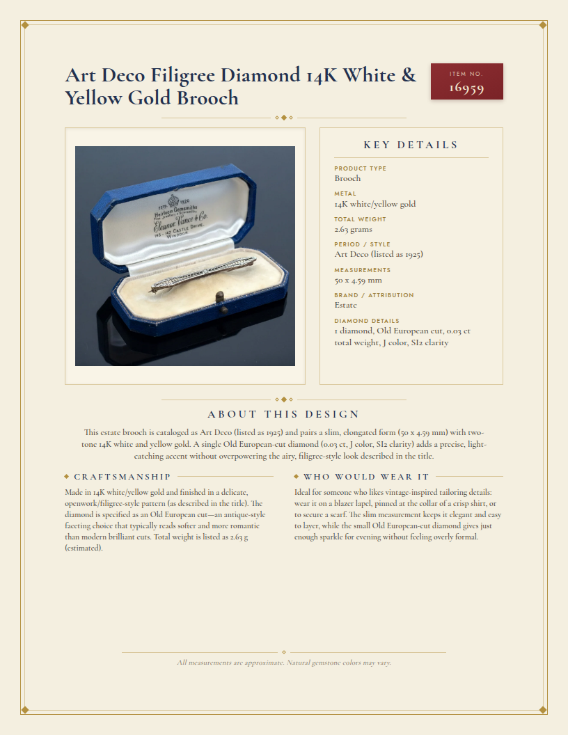 Art Deco Filigree Diamond 14K White & Yellow Gold Brooch — anatomy card