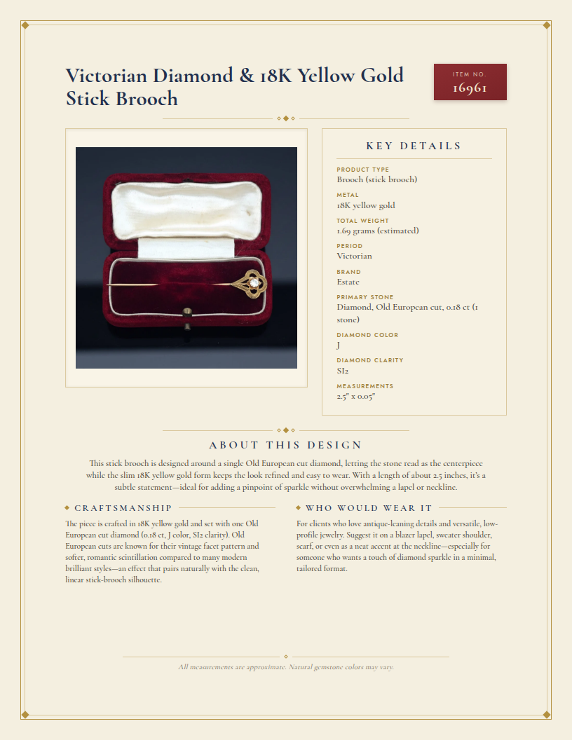 Victorian Diamond & 18K Yellow Gold Stick Brooch — anatomy card