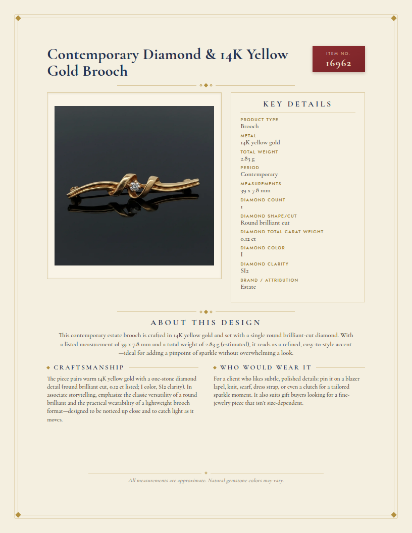 Contemporary Diamond & 14K Yellow Gold Brooch — anatomy card