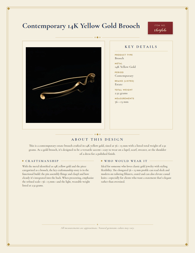 Contemporary 14K Yellow Gold Brooch — anatomy card