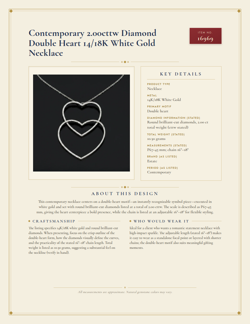 Contemporary 2.00cttw Diamond Double Heart 14/18K White Gold Necklace — anatomy card