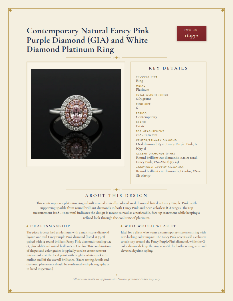 Contemporary Natural Fancy Pink Purple Diamond (GIA) and White Diamond Platinum Ring — anatomy card