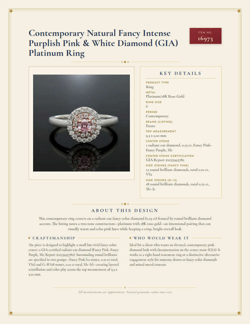 Contemporary Natural Fancy Intense Purplish Pink & White Diamond (GIA) Platinum Ring — anatomy card