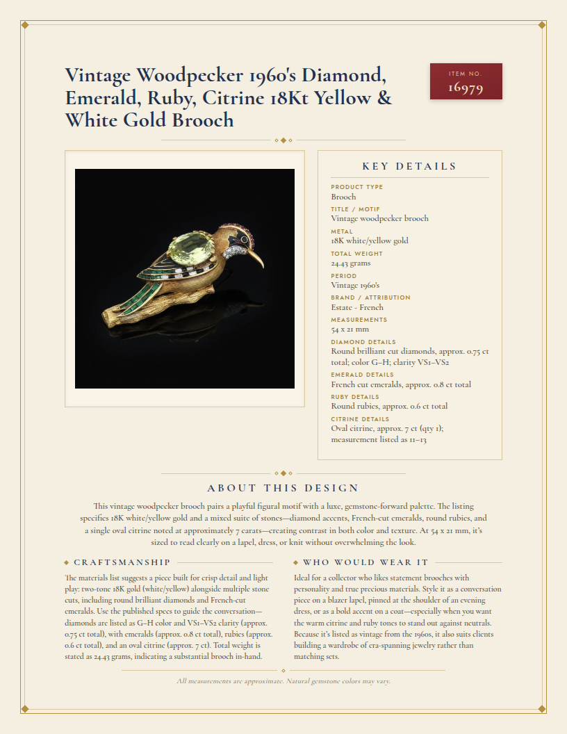 Vintage Woodpecker 1960's Diamond, Emerald, Ruby, Citrine 18Kt Yellow & White Gold Brooch — anatomy card