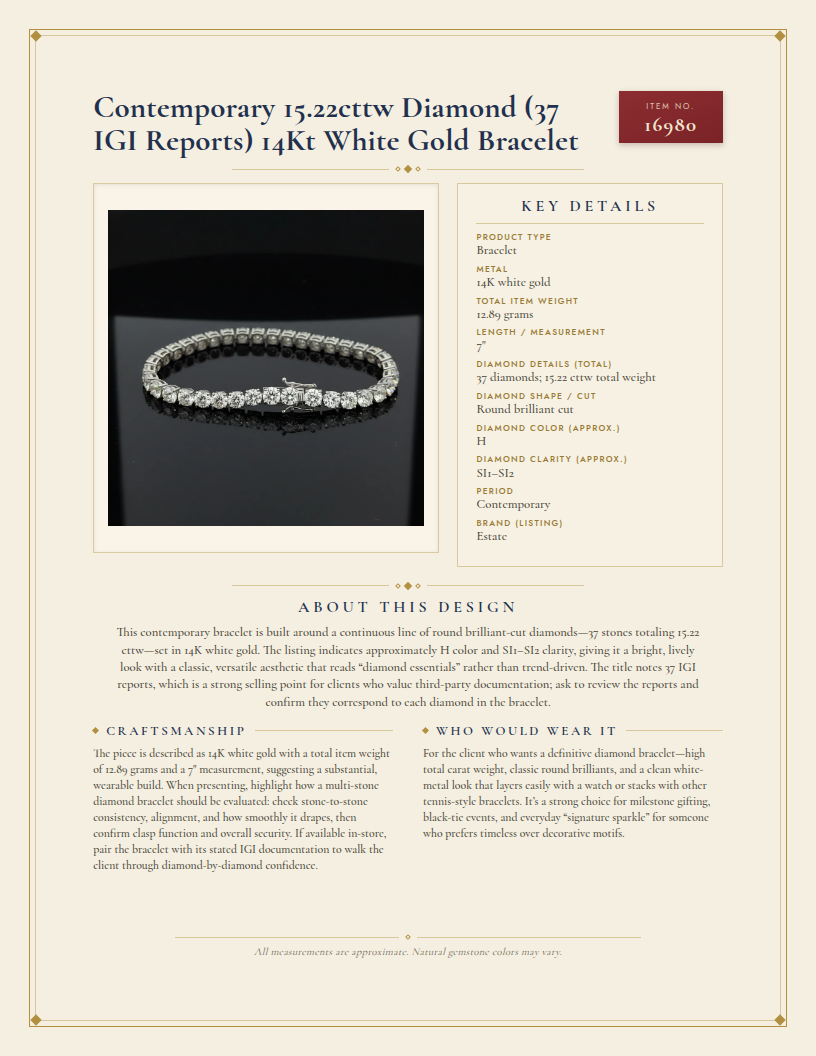 Contemporary 15.22cttw Diamond (37 IGI Reports) 14Kt White Gold Bracelet — anatomy card