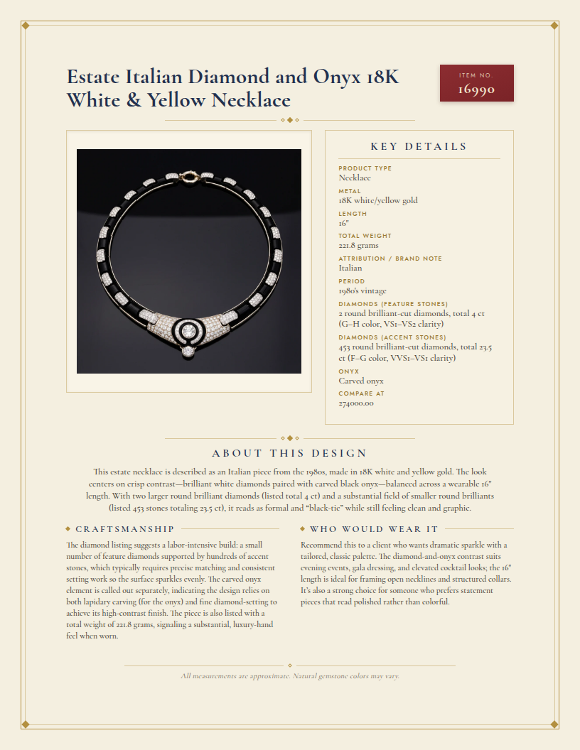 Estate Italian Diamond and Onyx Classy 18K White & Yellow Necklace — anatomy card