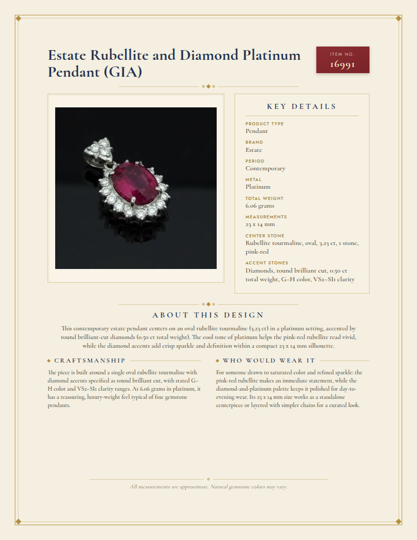 Estate Rubellite and Diamond Platinum Pendant (GIA) — anatomy card
