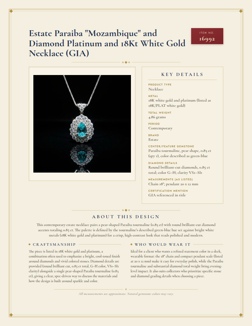 Estate Paraiba "Mozambique" and Diamond Platinum and 18Kt White Gold Necklace (GIA) — anatomy card