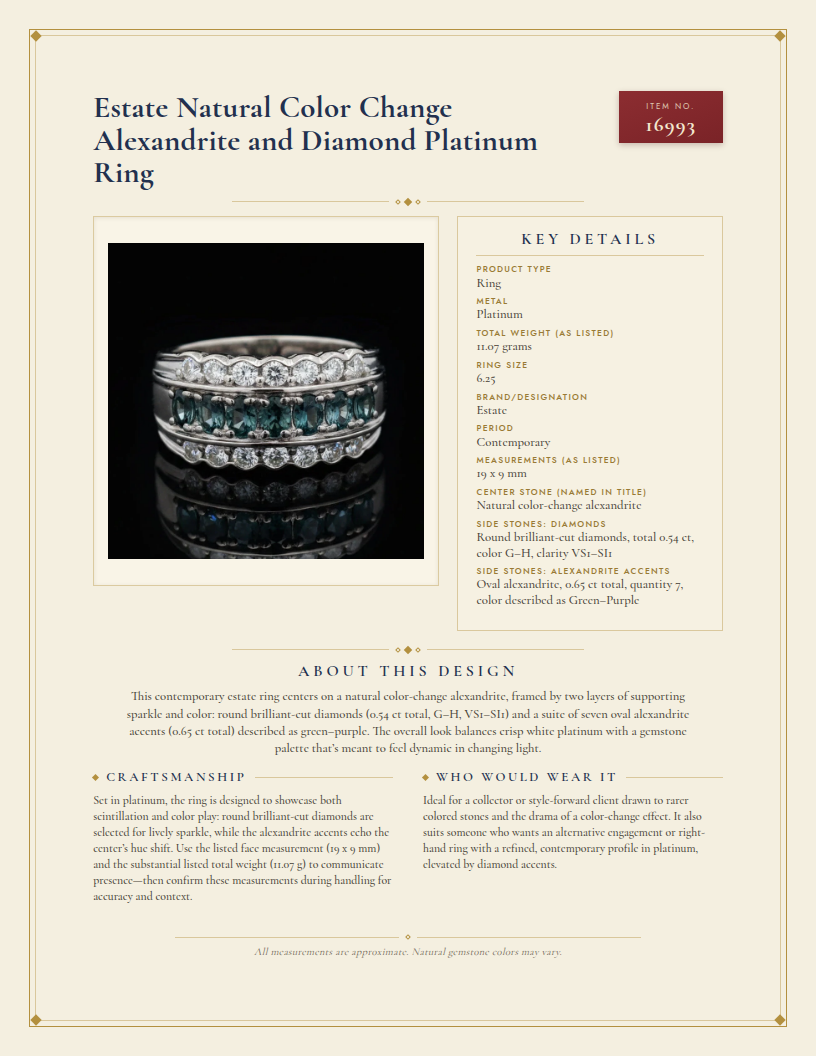 Estate Natural Color Change Alexandrite and Diamond Platinum Ring — anatomy card