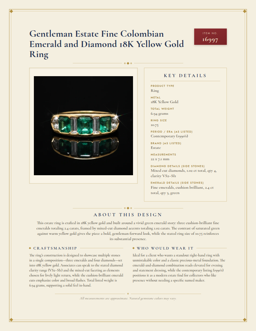 Gentleman Estate Fine Colombian Emerald and Diamond 18K Yellow Gold Ring — anatomy card