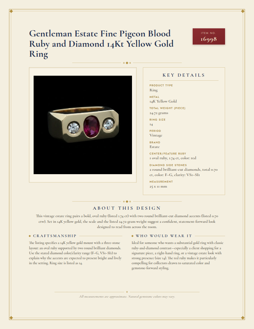 Gentleman Estate Fine Pigeon Blood Ruby and Diamond 14Kt Yellow Gold Ring — anatomy card