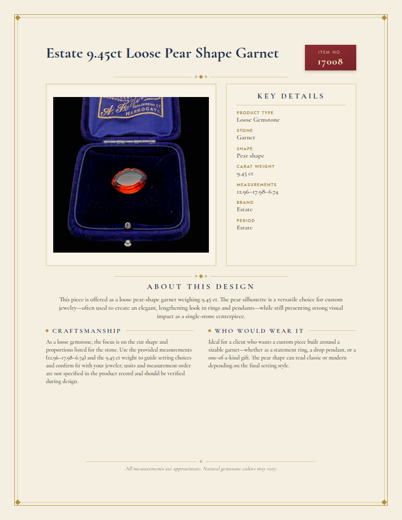 Estate 9.54ct Loose Pear Shape Garnet — anatomy card