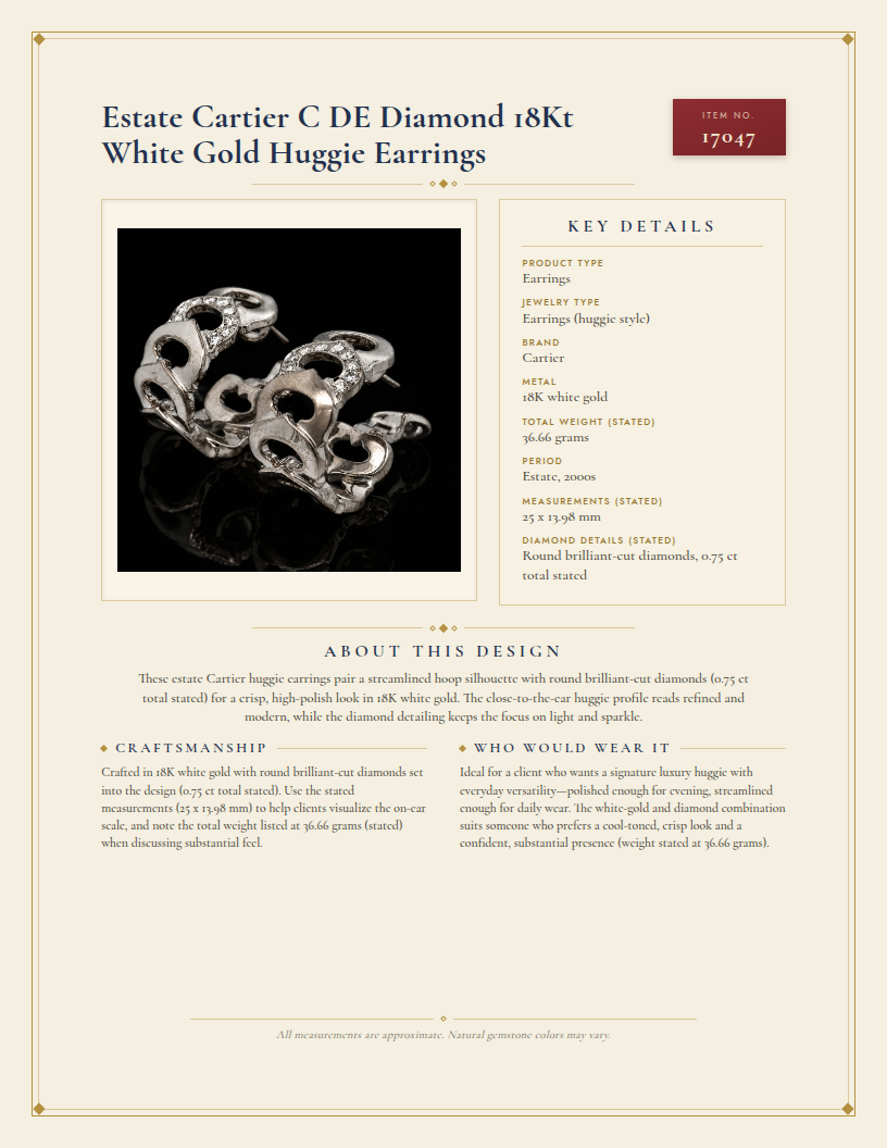 Estate De Cartier Diamond 18Kt White Gold Huggie Earrings — anatomy card
