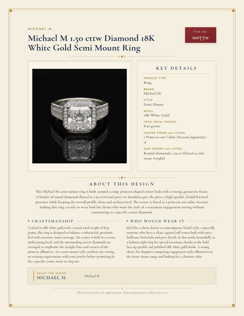 Michael M 1.50 cttw Diamond 18K White Gold Semi Mount Ring — anatomy card