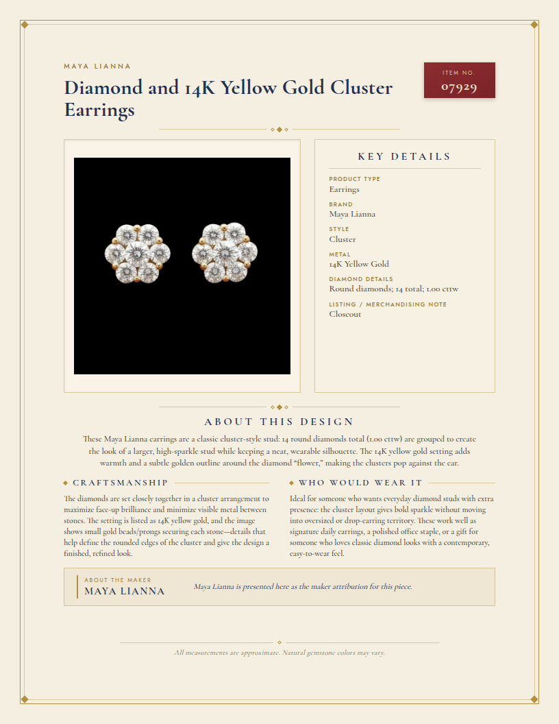 Maya Lianna Diamond and 14K Yellow Gold Cluster Earrings — anatomy card