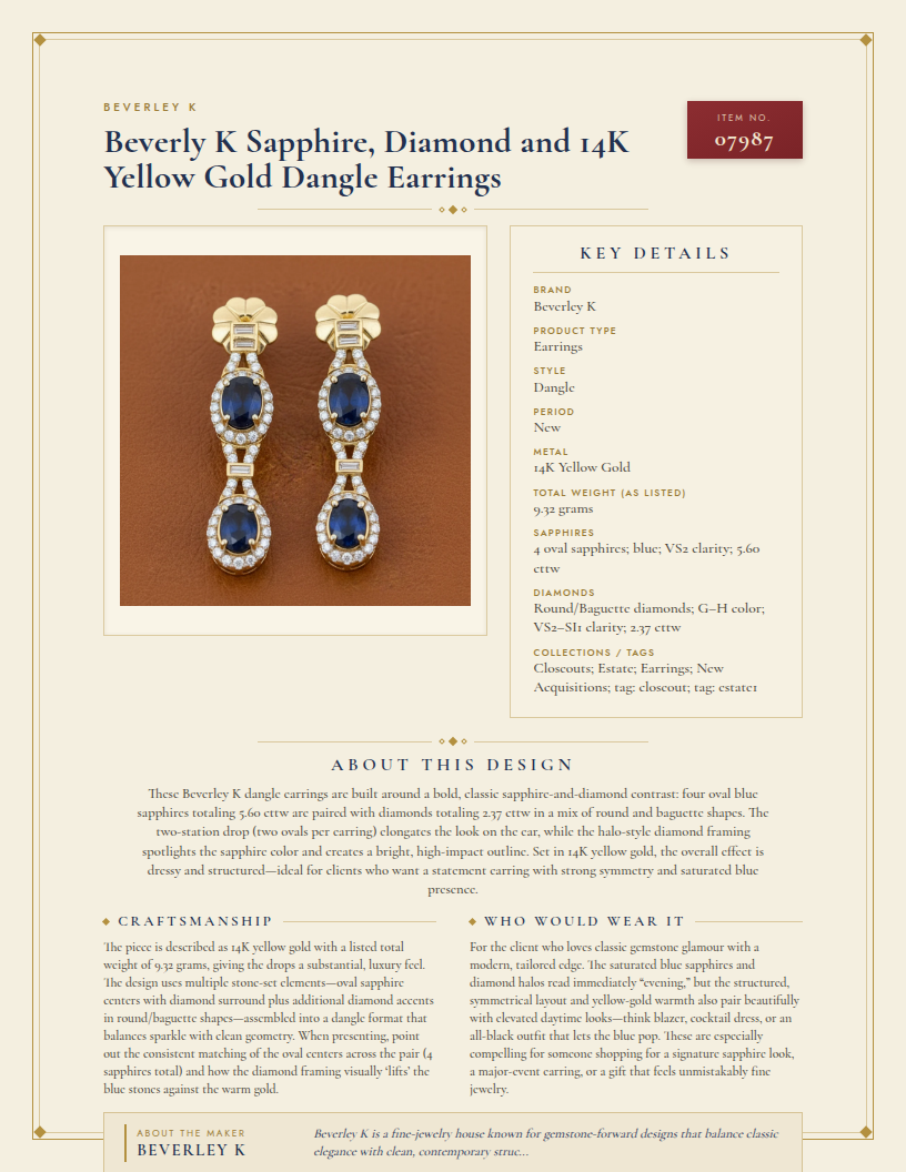 Beverly K Sapphire, Diamond and 14K Yellow Gold Dangle Earrings — anatomy card