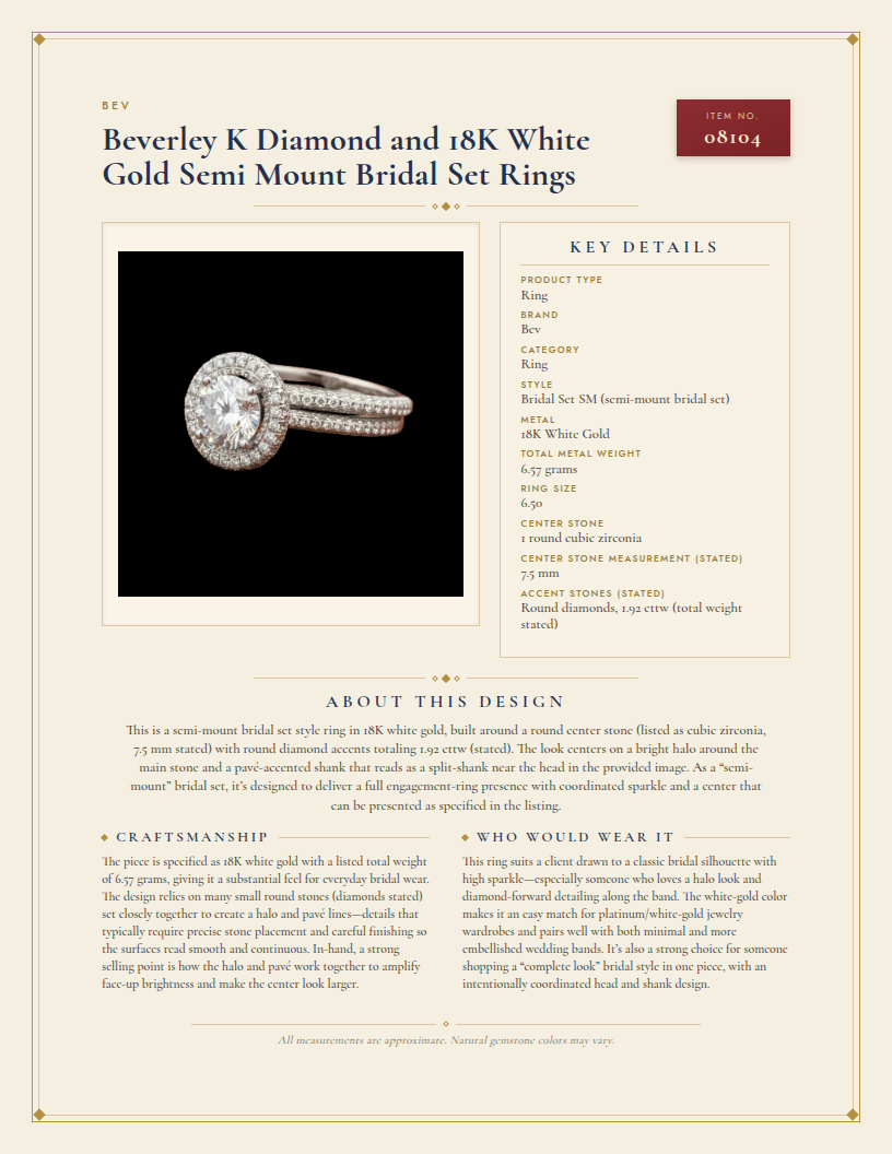 Beverley K Diamond and 18K White Gold Semi Mount Bridal Set Rings — anatomy card