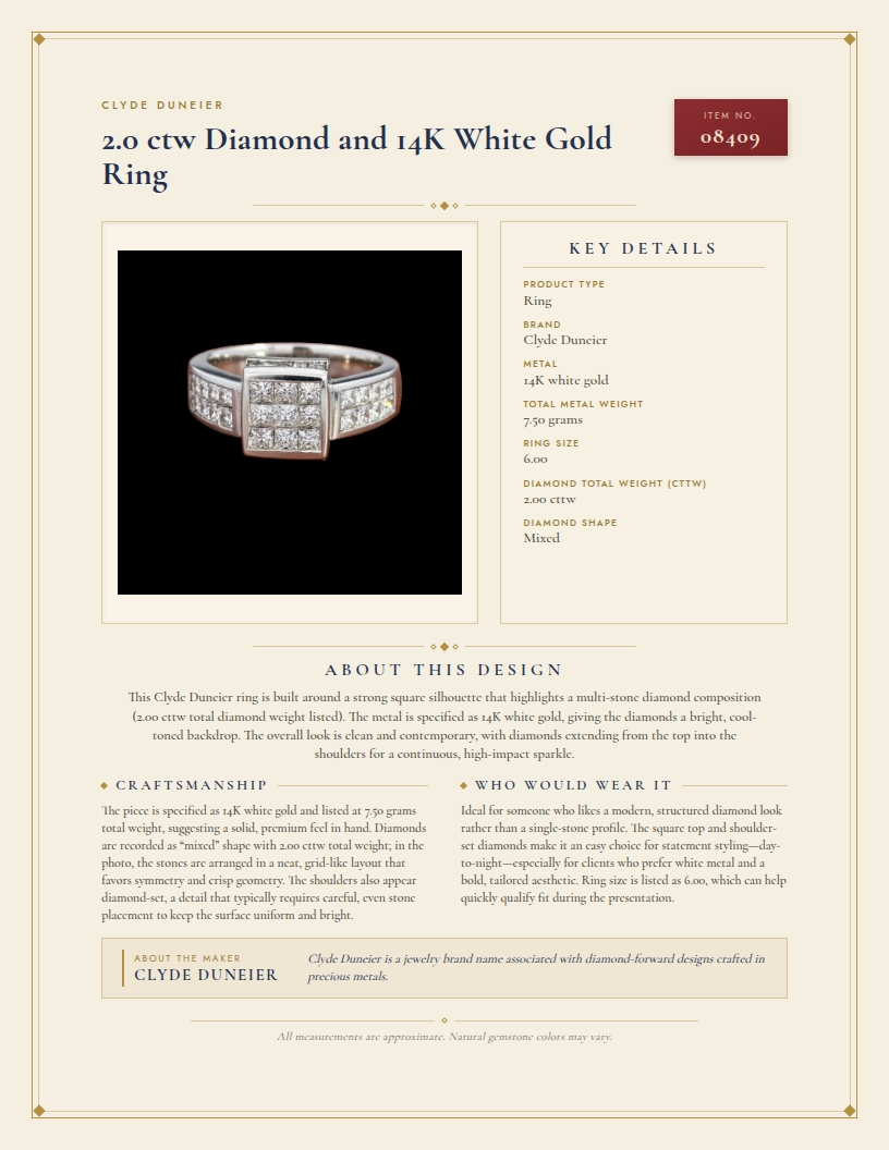 Clyde Duneier 2.0 ctw Diamond and 14K White Gold Ring — anatomy card