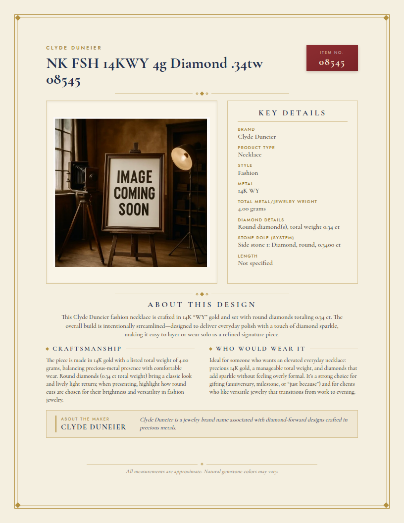Clyde Duneier NK FSH 14KWY 4g Diamond .34tw 08545 — anatomy card