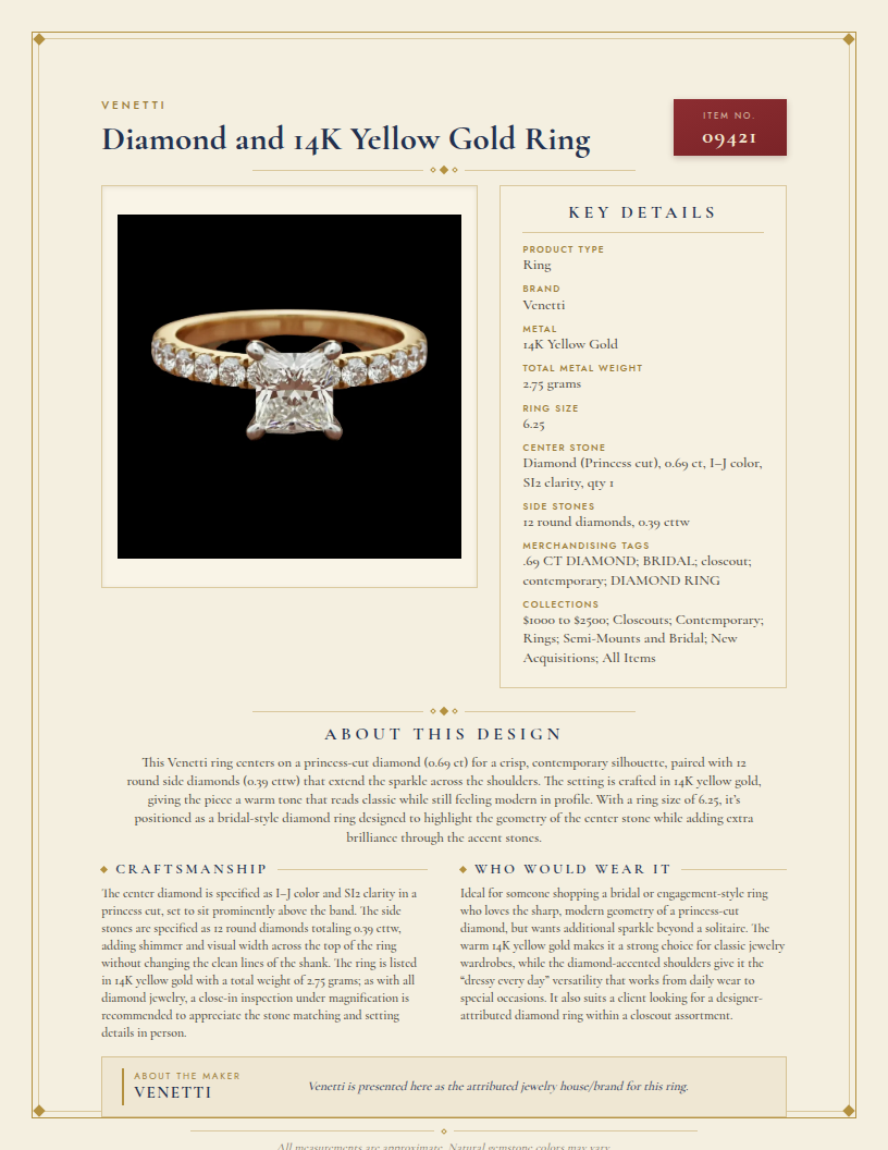 Venetti Diamond and 14K Yellow Gold Ring — anatomy card