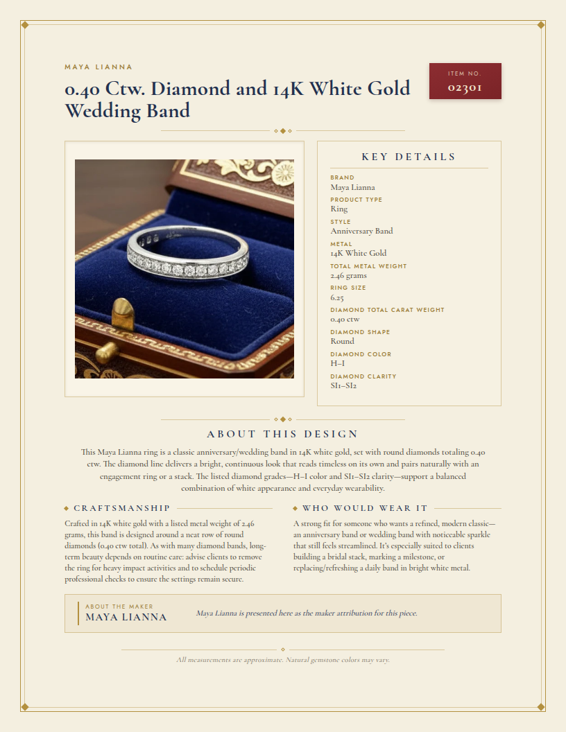 Maya Lianna 0.40 Ctw. Diamond and 14K White Gold Wedding Band — anatomy card