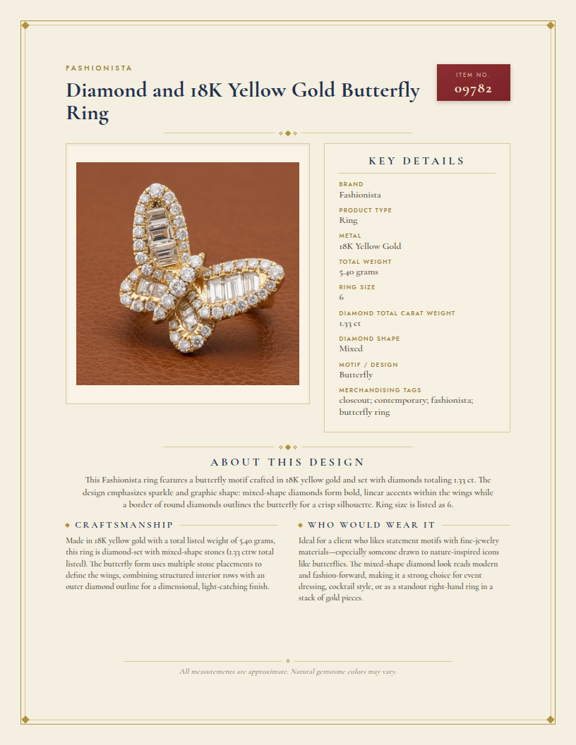 Fashionista Diamond and 18K Yellow Gold Butterfly Ring — anatomy card