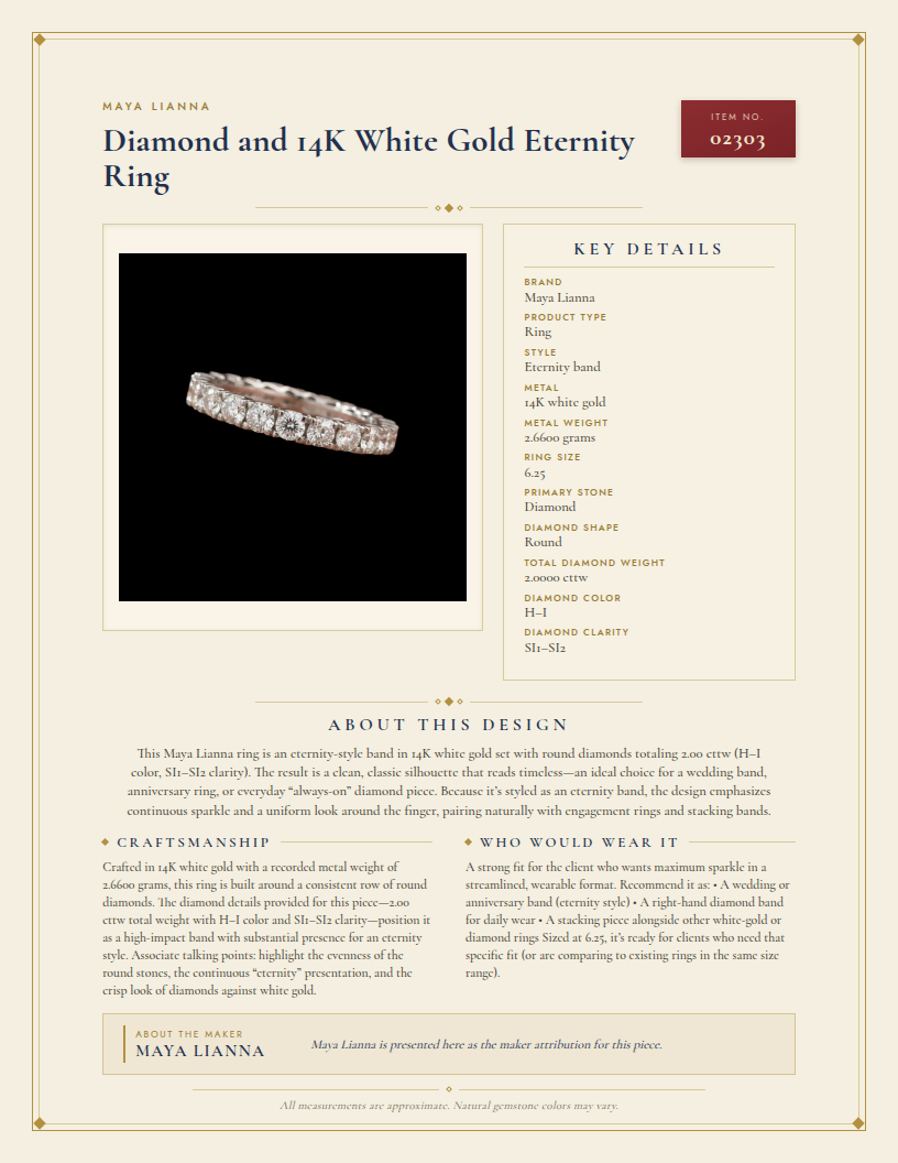 Maya Lianna Diamond and 14K White Gold Eternity Ring — anatomy card