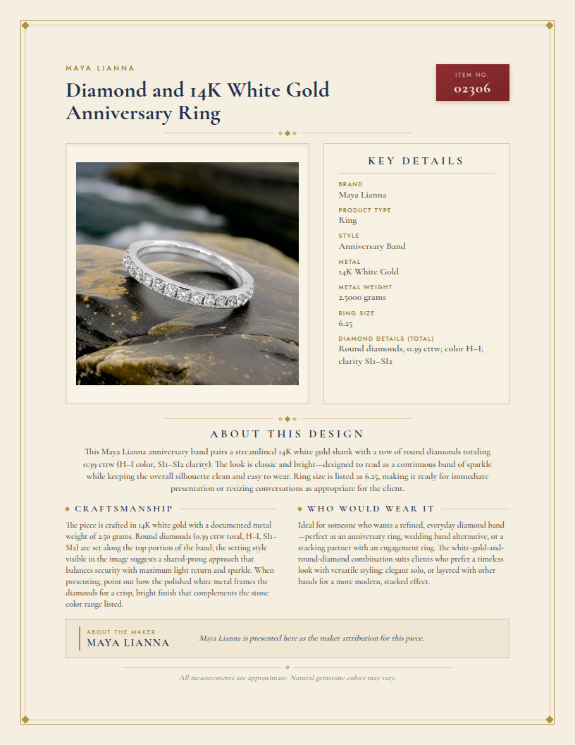 Maya Lianna Diamond and 14K White Gold Anniversary Ring — anatomy card