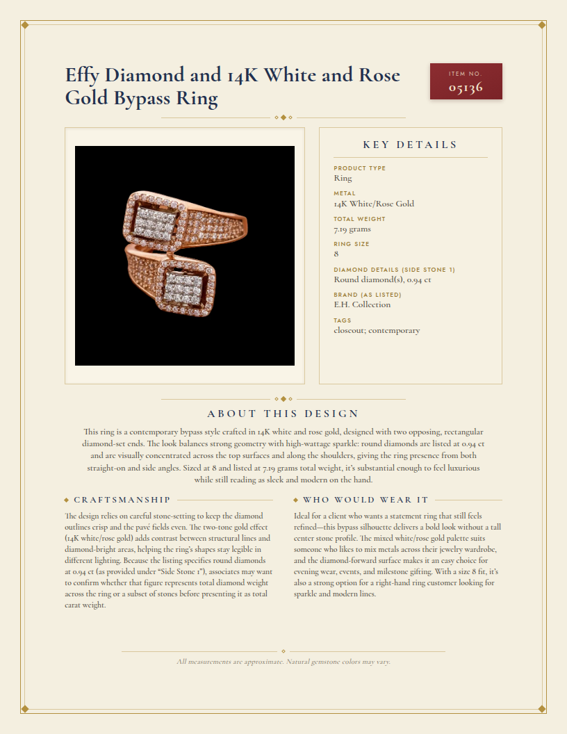 Effy Diamond and 14K White and Rose Gold Bypass Ring — anatomy card