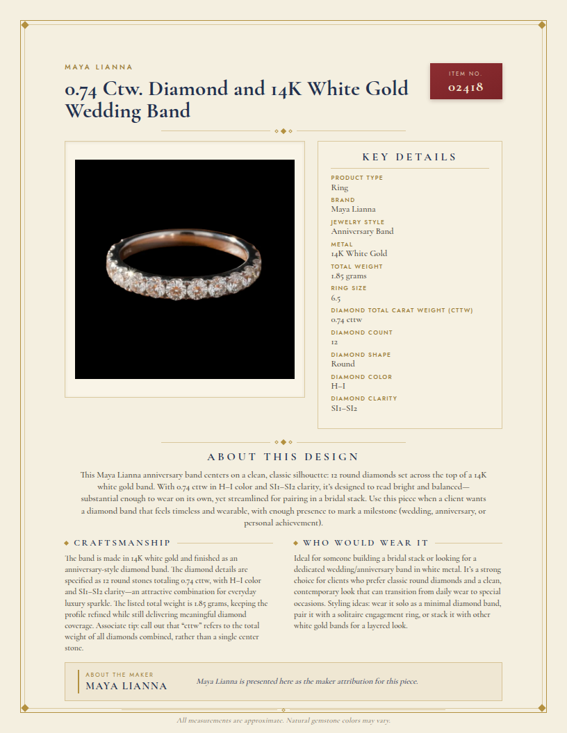 Maya Lianna 0.74 Ctw. Diamond and 14K White Gold Wedding Band — anatomy card