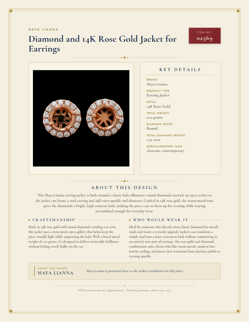 Maya Lianna Diamond and 14K Rose Gold Jacket for Earrings — anatomy card