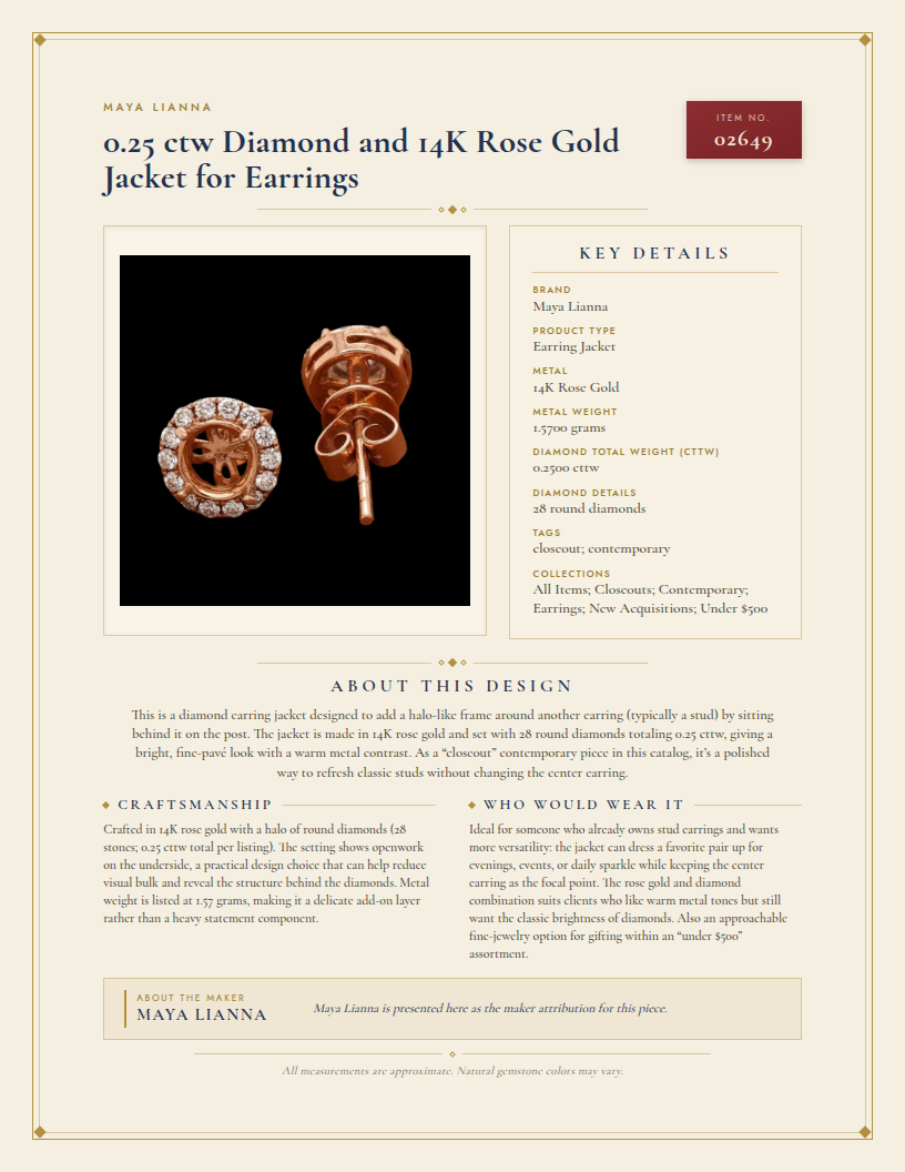 Maya Lianna 0.25 ctw Diamond and 14K Rose Gold Jacket for Earrings — anatomy card
