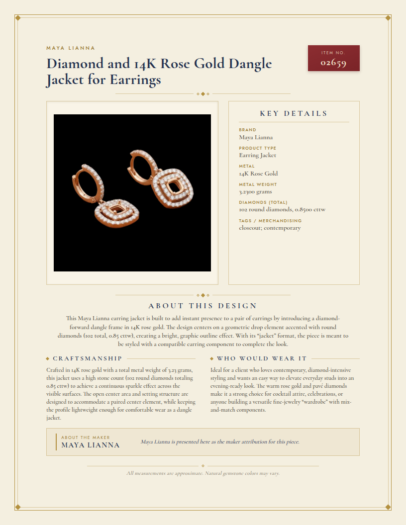 Maya Lianna Diamond and 14K Rose Gold Dangle Jacket for Earrings — anatomy card