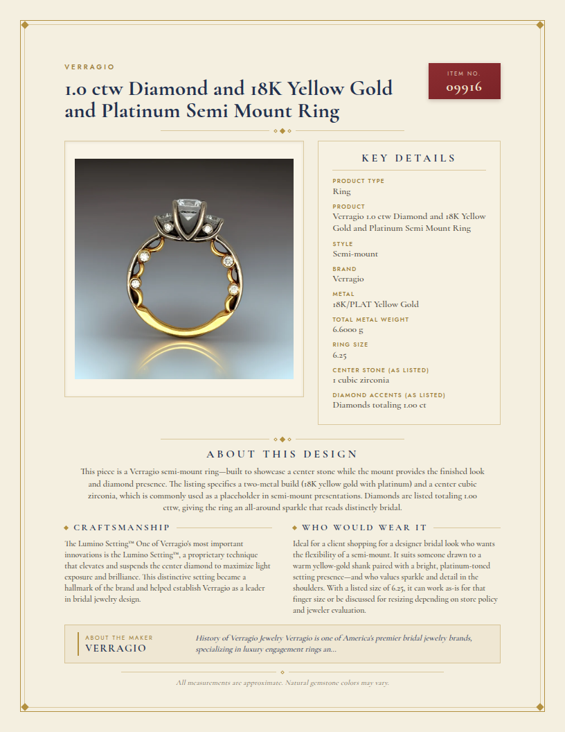 Verragio 1.0 ctw Diamond and 18K Yellow Gold and Platinum Semi Mount Ring — anatomy card