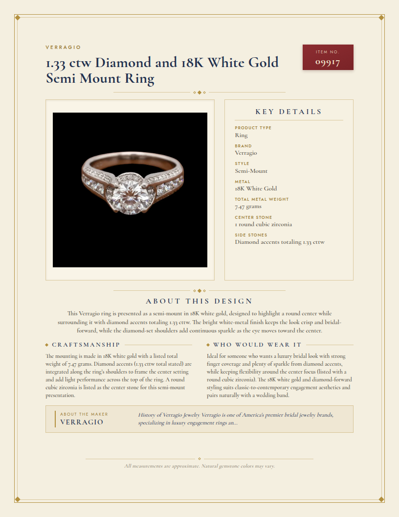 Verragio 1.33 ctw Diamond and 18K White Gold Semi Mount Ring — anatomy card