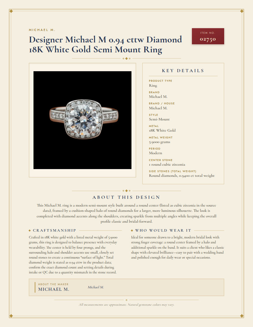 Designer Michael M 0.94 cttw Diamond 18K White Gold Semi Mount Ring — anatomy card