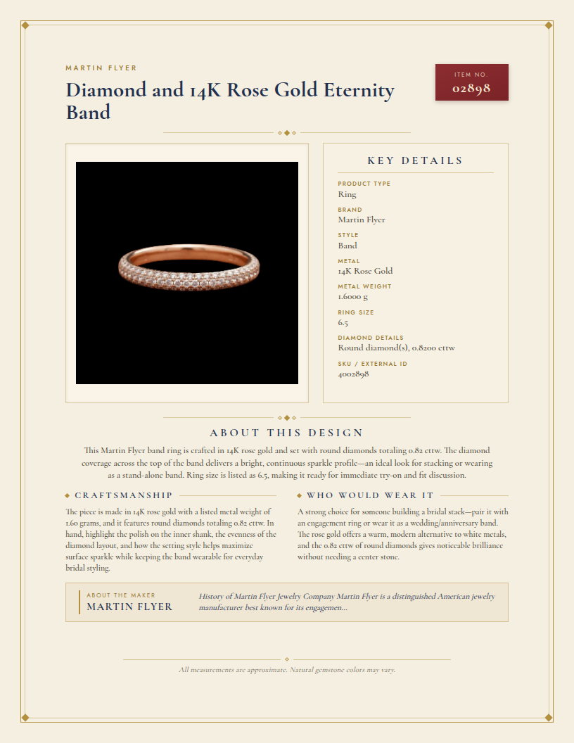 Martin Flyer Diamond and 14K Rose Gold Eternity Band — anatomy card
