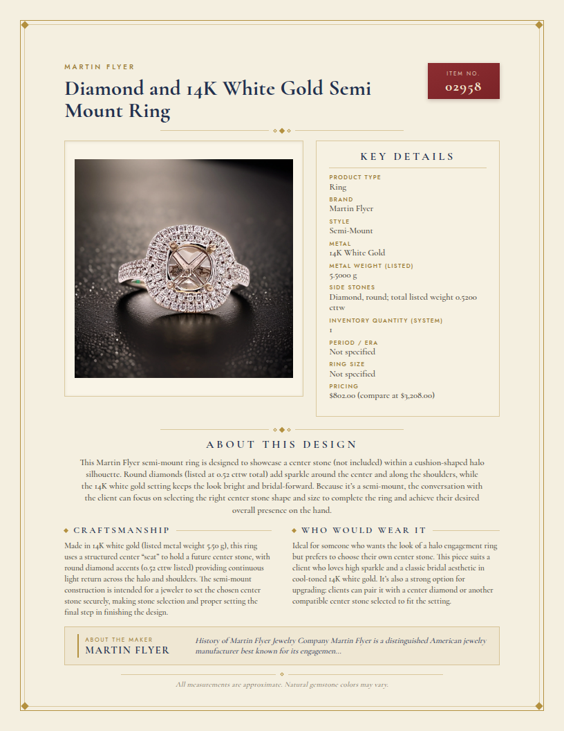 Martin Flyer Diamond and 14K White Gold Semi Mount Ring — anatomy card