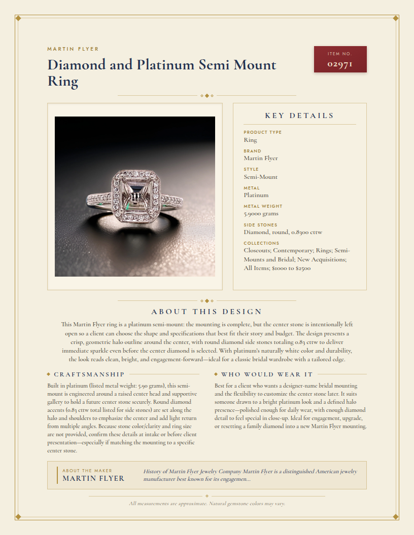 Martin Flyer Diamond and Platinum Semi Mount Ring — anatomy card